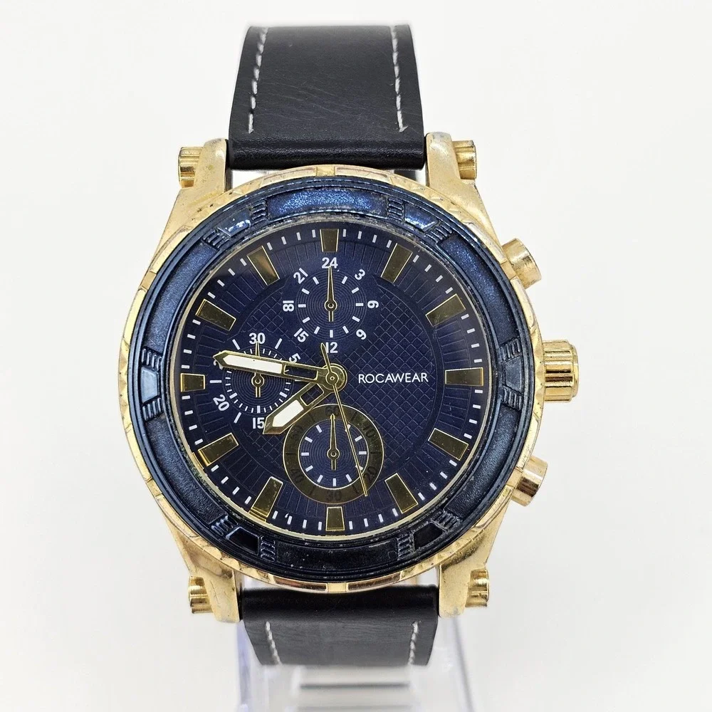 Rocawear Men's Watch 46MM Blue Dial NEW Black Faux‎ Leather Bands NEW Battery